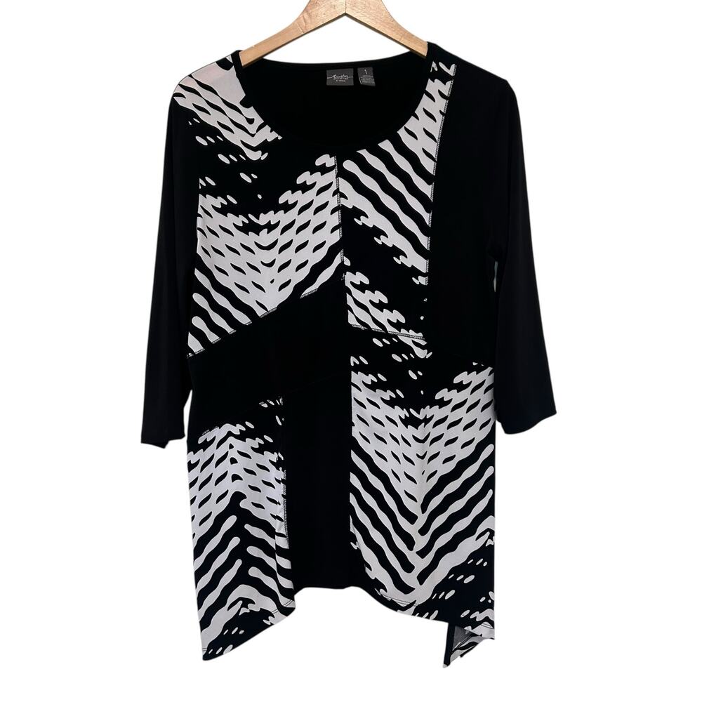 Chicos Travelers Black White Printed 3/4 Sleeve Shirt Sz M